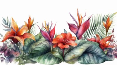 Papier peint  Watercolor tropical background with strelitzia flowers banner painted illustration generative ai