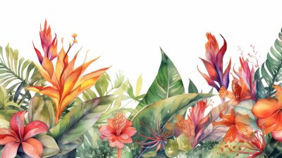 Papier peint  Watercolor tropical background with strelitzia flowers banner painted illustration generative ai