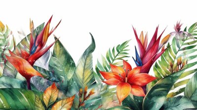 Papier peint  Watercolor tropical background with strelitzia flowers banner painted illustration generative ai