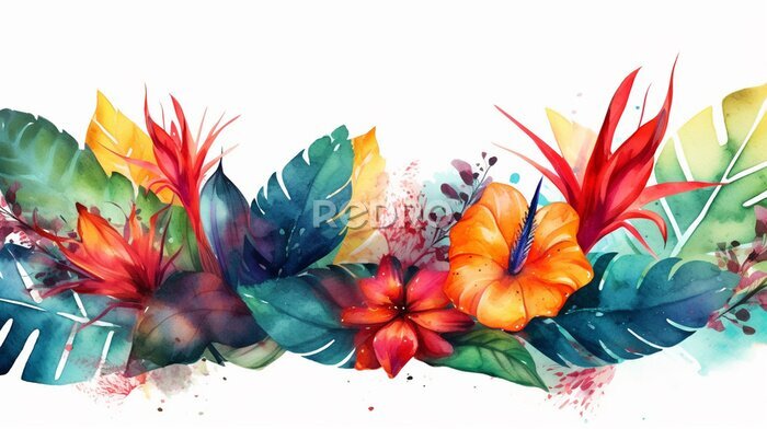 Papier peint  Watercolor tropical background with strelitzia flowers banner painted illustration generative ai