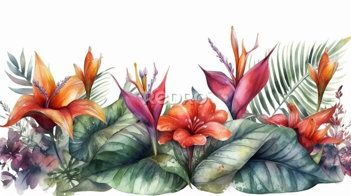 Papier peint  Watercolor tropical background with strelitzia flowers banner painted illustration generative ai