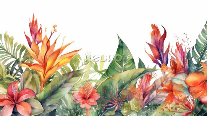 Papier peint  Watercolor tropical background with strelitzia flowers banner painted illustration generative ai