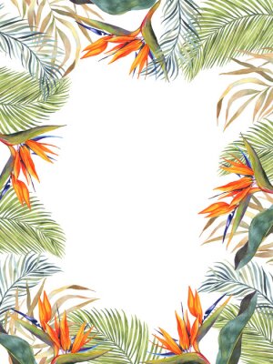 Papier peint  Watercolor tropical botanical illustration. Gold frame, tropical plants, monstera, exotic flower Strelitzia. Wedding invitation. Greeting card. Palm leaves. Set of wedding invitation designs.