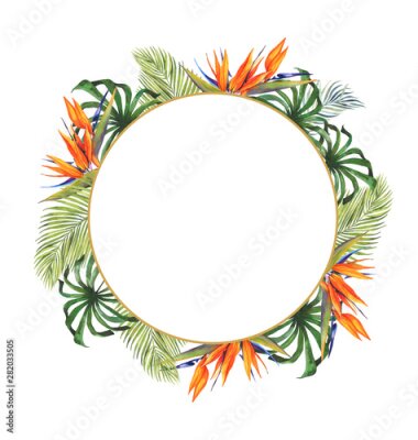 Papier peint  Watercolor tropical botanical illustration. Gold frame, tropical plants, monstera, exotic flower Strelitzia. Wedding invitation. Greeting card. Palm leaves. Set of wedding invitation designs.