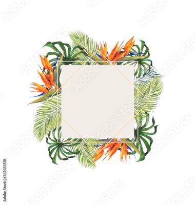Papier peint  Watercolor tropical botanical illustration. Gold frame, tropical plants, monstera, exotic flower Strelitzia. Wedding invitation. Greeting card. Palm leaves. Set of wedding invitation designs.
