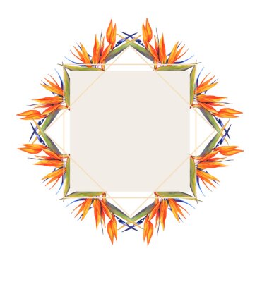 Papier peint  Watercolor tropical botanical illustration. Gold frame, tropical plants, monstera, exotic flower Strelitzia. Wedding invitation. Greeting card. Palm leaves. Set of wedding invitation designs.