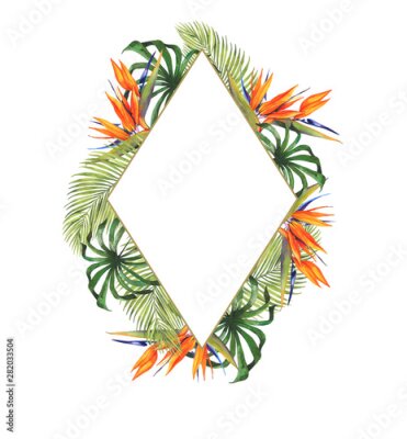 Papier peint  Watercolor tropical botanical illustration. Gold frame, tropical plants, monstera, exotic flower Strelitzia. Wedding invitation. Greeting card. Palm leaves. Set of wedding invitation designs.