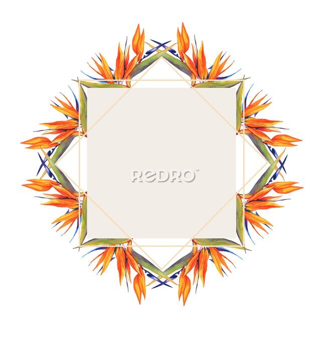 Papier peint  Watercolor tropical botanical illustration. Gold frame, tropical plants, monstera, exotic flower Strelitzia. Wedding invitation. Greeting card. Palm leaves. Set of wedding invitation designs.