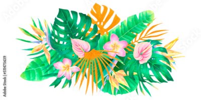 Papier peint  Watercolor tropical composition exotic plumeria strelitzia anthurium palm leaves and monstera bouquet