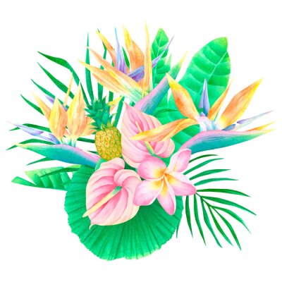 Papier peint  Watercolor tropical composition strelitzia anthurium plumeria palm leaves and pineapple bouquet