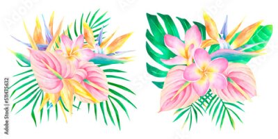 Papier peint  Watercolor tropical floral arrangement frangipani strelitzia anthurium flowers palm leaves bouquet