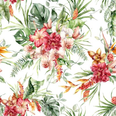 Papier peint  Watercolor tropical flowers bouquet of hibiscus, orchid, etlingera and strelitzia. Hand painted flowers isolated on white background. Holiday Illustration for design, print, fabric or background