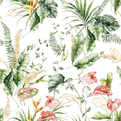 Papier peint  Watercolor tropical flowers seamless pattern of gold anthurium, linear calla and strelitzia. Hand painted leaves isolated on white background. Holiday Illustration for design, print or fabric.