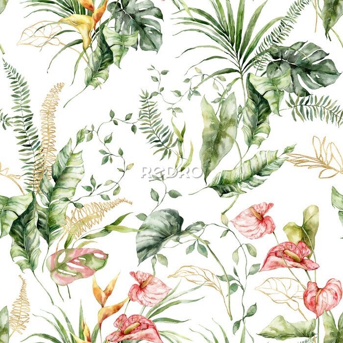 Papier peint  Watercolor tropical flowers seamless pattern of gold anthurium, linear calla and strelitzia. Hand painted leaves isolated on white background. Holiday Illustration for design, print or fabric.