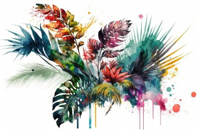 Papier peint  watercolor tropical leaves and flowers, Strelitzia, hibiscus, jungle, palm composition - Generative AI