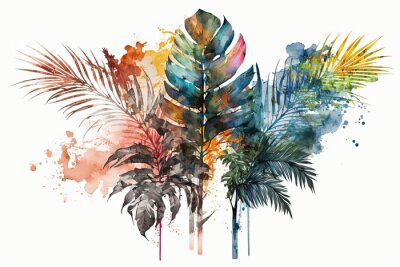 Papier peint  watercolor tropical leaves and flowers, Strelitzia, hibiscus, jungle, palm composition - Generative AI