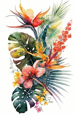 Papier peint  watercolor tropical leaves and flowers, Strelitzia, hibiscus, jungle, palm composition - Generative AI