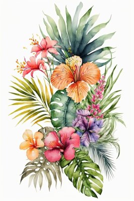 Papier peint  watercolor tropical leaves and flowers, Strelitzia, hibiscus, jungle, palm composition - Generative AI