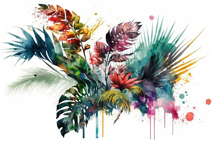 Papier peint  watercolor tropical leaves and flowers, Strelitzia, hibiscus, jungle, palm composition - Generative AI