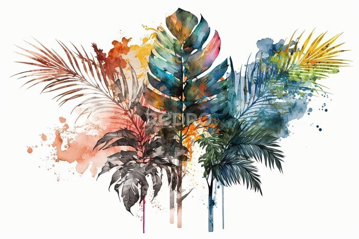 Papier peint  watercolor tropical leaves and flowers, Strelitzia, hibiscus, jungle, palm composition - Generative AI