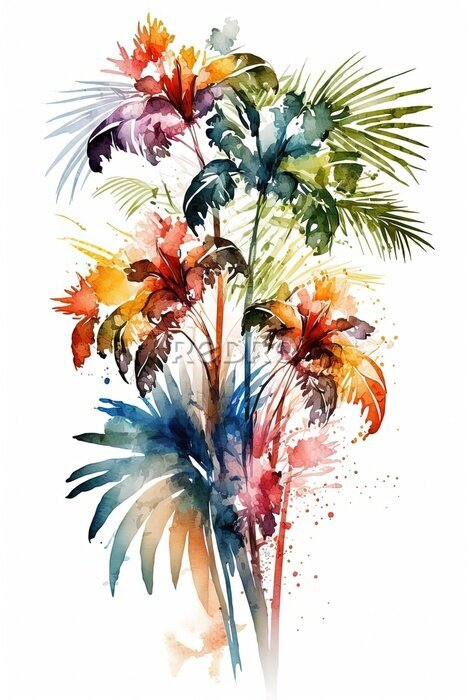 Papier peint  watercolor tropical leaves and flowers, Strelitzia, hibiscus, jungle, palm composition - Generative AI