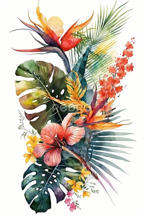 Papier peint  watercolor tropical leaves and flowers, Strelitzia, hibiscus, jungle, palm composition - Generative AI