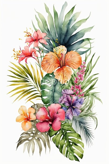 Papier peint  watercolor tropical leaves and flowers, Strelitzia, hibiscus, jungle, palm composition - Generative AI