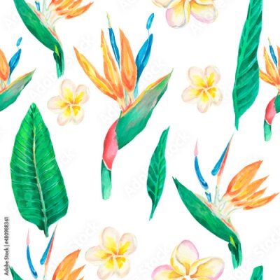 Papier peint  Watercolor tropical pattern. Seamless pattern with watercolor exotic flowers .Design with Jasmine Flower, Frangipani, green leaves, palms, branches, strelitzia, flower of the bird of Paradise. 