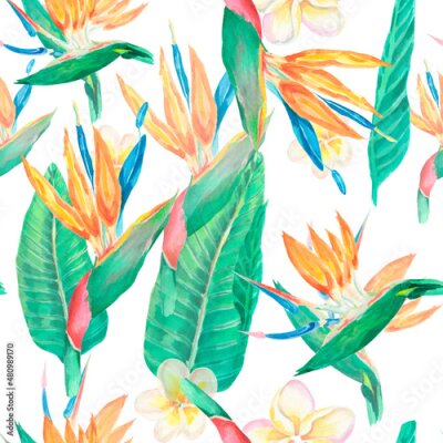 Papier peint  Watercolor tropical pattern. Watercolor exotic flowers .Design with Jasmine Flower, Frangipani, green leaves, palms, Plumeria, branches. Paradise nature, strelitzia, flower of the bird of Paradise. 