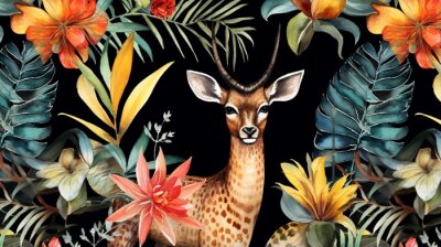 Papier peint  watercolor tropical pattern with leopard and antelope, tropical plant, pineapple, flower Strelitzia, Tibetan deer, safari wallpaper, black background