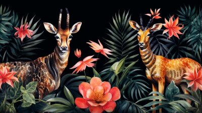 Papier peint  watercolor tropical pattern with leopard and antelope, tropical plant, pineapple, flower Strelitzia, Tibetan deer, safari wallpaper, black background