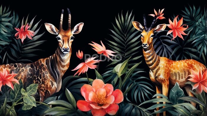 Papier peint  watercolor tropical pattern with leopard and antelope, tropical plant, pineapple, flower Strelitzia, Tibetan deer, safari wallpaper, black background