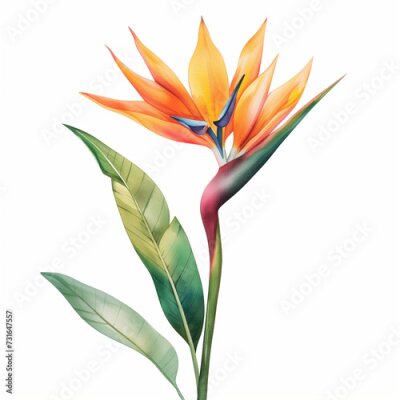 Papier peint  Watercolor tropical strelitzia flower on white background. ai illustration.