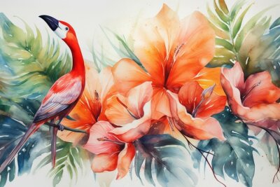 Papier peint  Watercolor tropical wallpaper features red flamingo flowers, strelitzia, palm trees, and banana leaves on white background. Generative AI