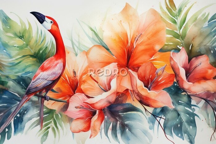 Papier peint  Watercolor tropical wallpaper features red flamingo flowers, strelitzia, palm trees, and banana leaves on white background. Generative AI