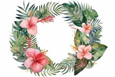 Papier peint  Watercolor tropical wreath with monstera, hibiscus, strelitzia, palm tree and jungle plants. Floral frame for wedding invitation. Generative AI