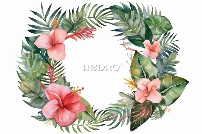 Papier peint  Watercolor tropical wreath with monstera, hibiscus, strelitzia, palm tree and jungle plants. Floral frame for wedding invitation. Generative AI
