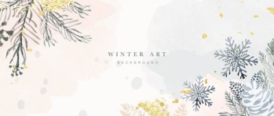 Papier peint  Watercolor winter botanical leaves background vector illustration. Hand drawn winter leaf branches, snowflakes with gold brush stroke texture. Design for print, banner, poster, wallpaper, decoration.