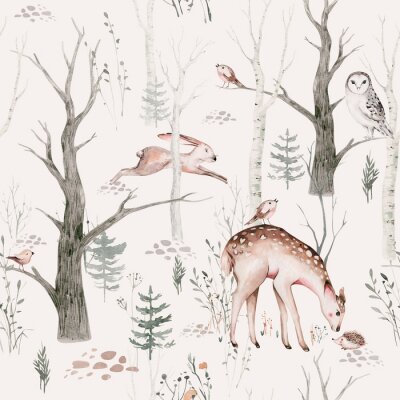 Papier peint  Watercolor Woodland animal Scandinavian seamless pattern. Fabric wallpaper background with Owl, hedgehog, fox and butterfly, rabbit forest squirrel and chipmunk, bear and bird baby animal,