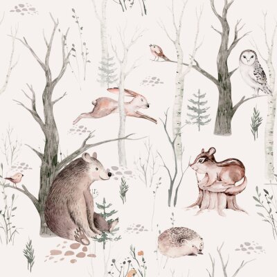 Papier peint  Watercolor Woodland animal Scandinavian seamless pattern. Fabric wallpaper background with Owl, hedgehog, fox and butterfly, rabbit forest squirrel and chipmunk, bear and bird baby animal,