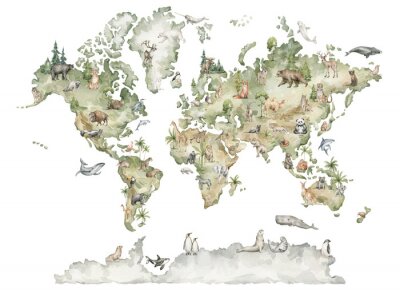 Papier peint  Watercolor world map with animals and natural elements. Geographical map. Hand-painted earth isolated on white. Nursery print