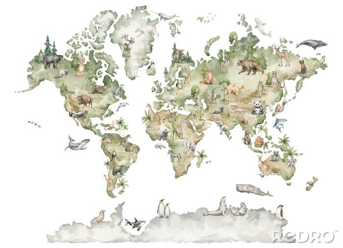 Papier peint  Watercolor world map with animals and natural elements. Geographical map. Hand-painted earth isolated on white. Nursery print