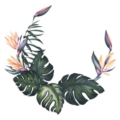 Papier peint  Watercolor Wreath with Strelitzia and Monstera Leaves