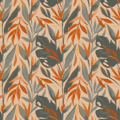 Papier peint  Wax sketch pastel crayon tropical exotic seamless pattern. Palm leaves, monstera, strelitzia flower. Print for wallpaper, fabric, stationery, interior