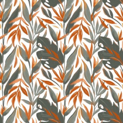 Papier peint  Wax sketch pastel crayon tropical exotic seamless pattern. Palm leaves, monstera, strelitzia flower. Print for wallpaper, fabric, stationery, interior