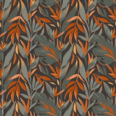 Papier peint  Wax sketch pastel crayon tropical exotic seamless pattern. Palm leaves, monstera, strelitzia flower. Print for wallpaper, fabric, stationery, interior