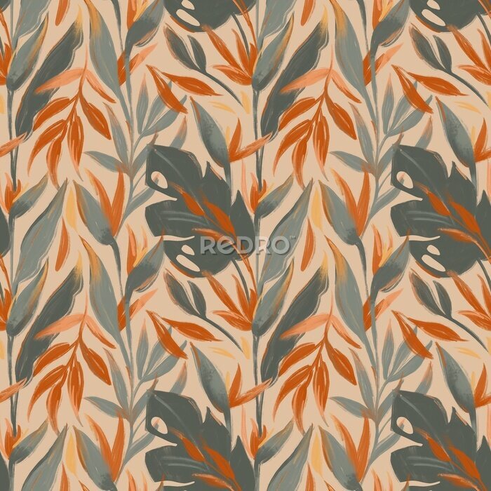 Papier peint  Wax sketch pastel crayon tropical exotic seamless pattern. Palm leaves, monstera, strelitzia flower. Print for wallpaper, fabric, stationery, interior