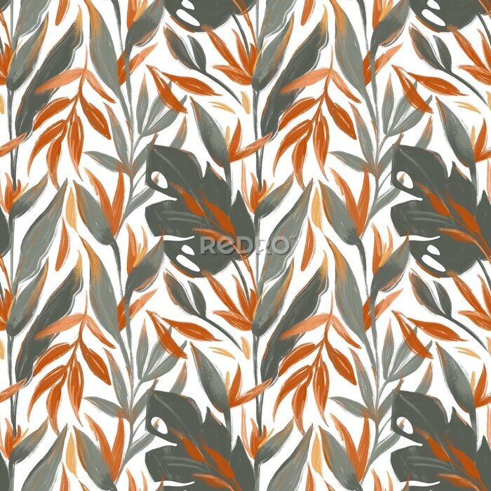Papier peint  Wax sketch pastel crayon tropical exotic seamless pattern. Palm leaves, monstera, strelitzia flower. Print for wallpaper, fabric, stationery, interior