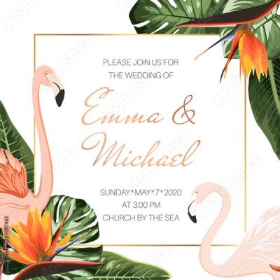 Papier peint  Wedding event invitation card template. Tropical monstera philodendron leaves. Pink flamingos. Orange strelitzia flowers