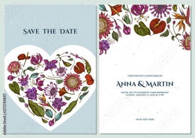 Papier peint  Wedding invitation card with colored african daisies, fuchsia, gloriosa, king protea, anthurium, strelitzia